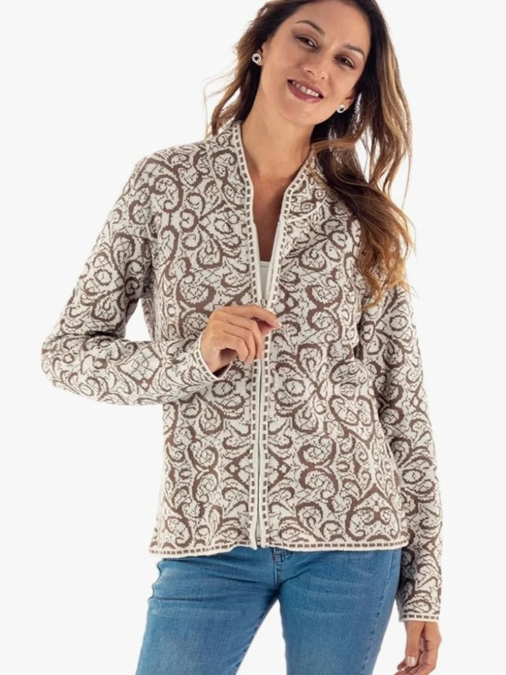Novica Peru Alpaca Jauju Full Zip Sweater Brown Cream Cardigan Women's Small S